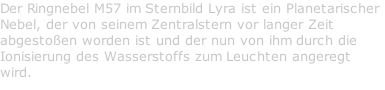 Der Ringnebel M57 im Sternbild Lyra ist ein Planetarischer Nebel, der von seinem Zentralstern vor langer Zeit abgestoßen worden ist und der nun von ihm durch die Ionisierung des Wasserstoffs zum Leuchten angeregt wird.